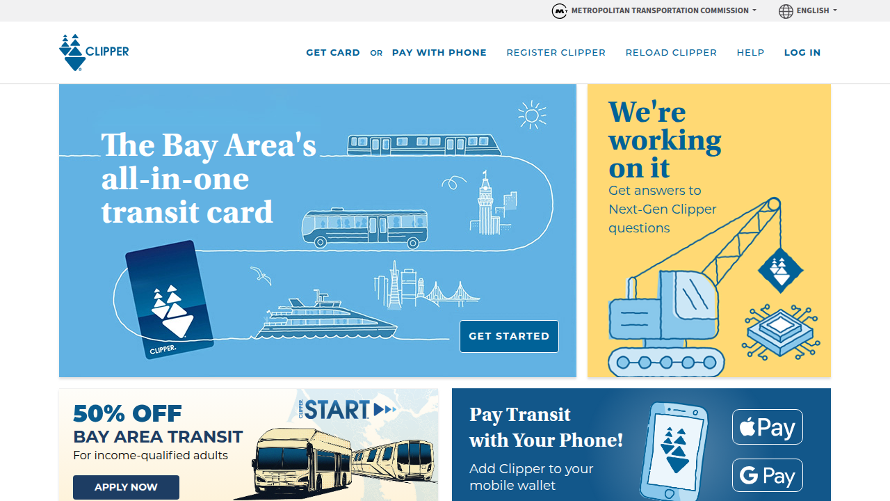 The homepage for the Clipper card, the Bay Area's universal transit fare payment system.