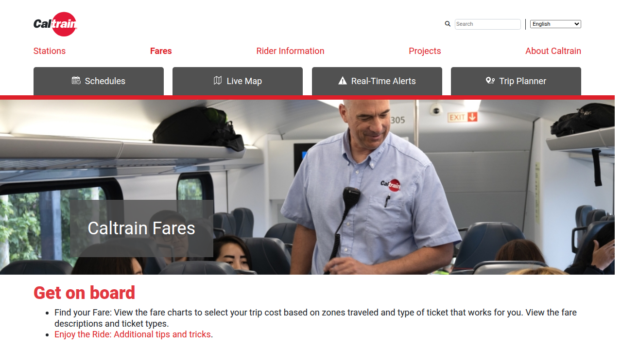 A screenshot of the Caltrain website's fares section, detailing current ticket prices and pass options.