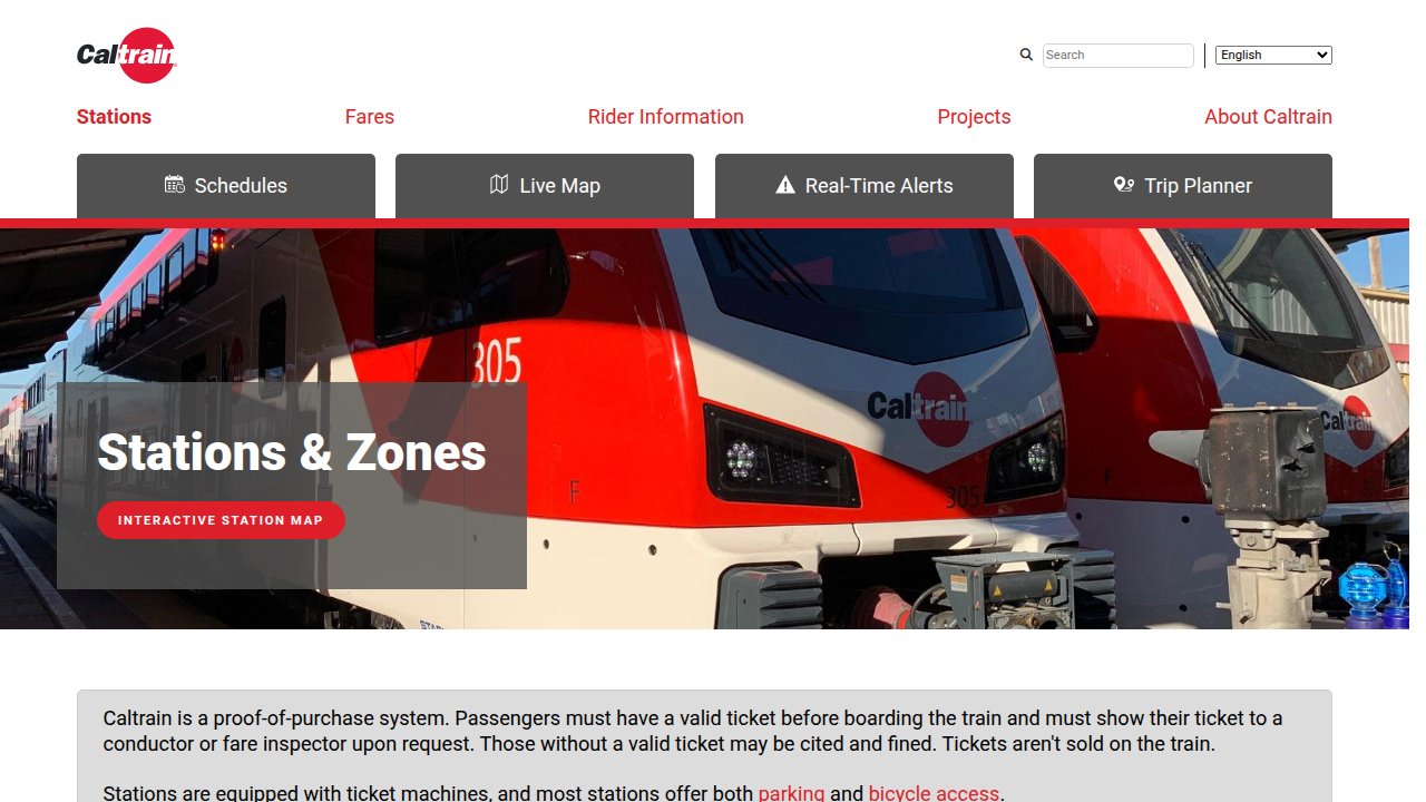 An overview of the Caltrain system map, showing station locations and their corresponding fare zones.