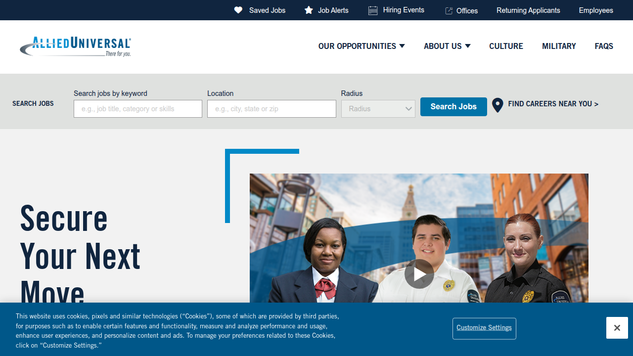 A snapshot of the Allied Universal 'Security Professional Positions' page, showcasing the breadth of roles available for both experienced and entry-level security professionals.