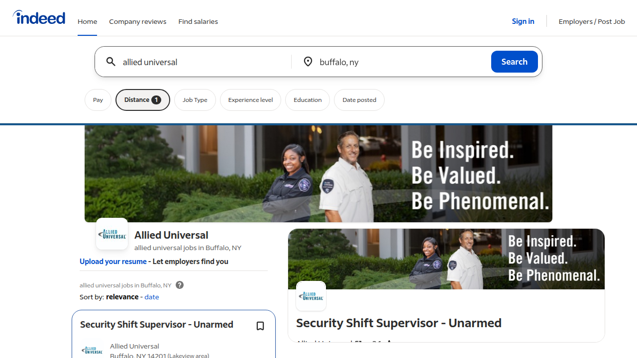 A screenshot of Indeed.com displaying job listings for Allied Universal, highlighting external platforms where job seekers can find opportunities.