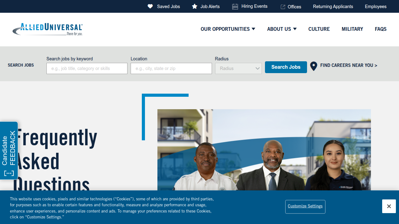 A view of the Allied Universal FAQ page, a valuable resource for clarifying common questions about licensing, training, and the hiring process.