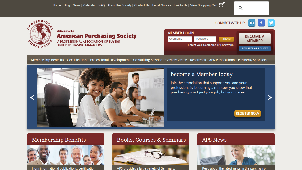 The homepage of the American Purchasing Society, a resource for professionals seeking certifications to boost their purchasing and supply management skills.
