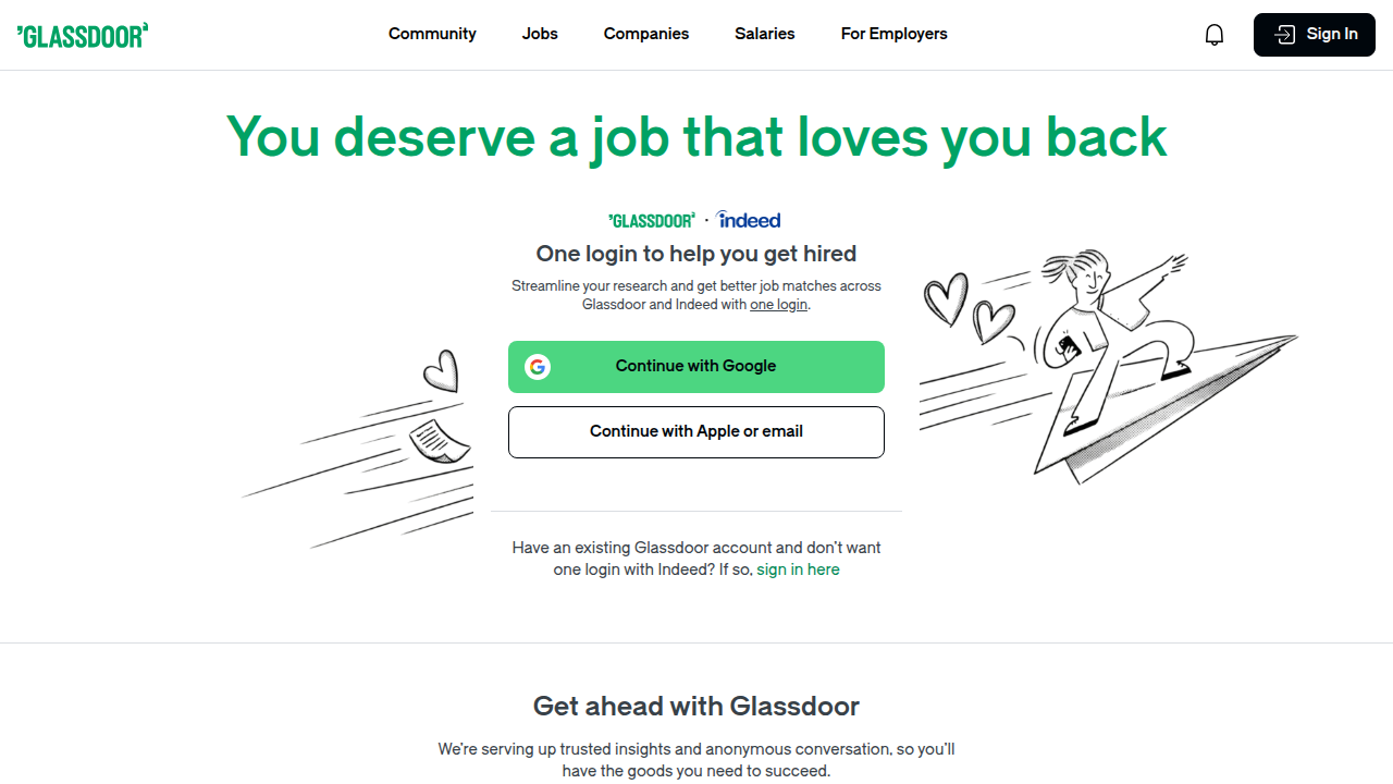 The Glassdoor homepage, showcasing its primary function as a job board with company insights.