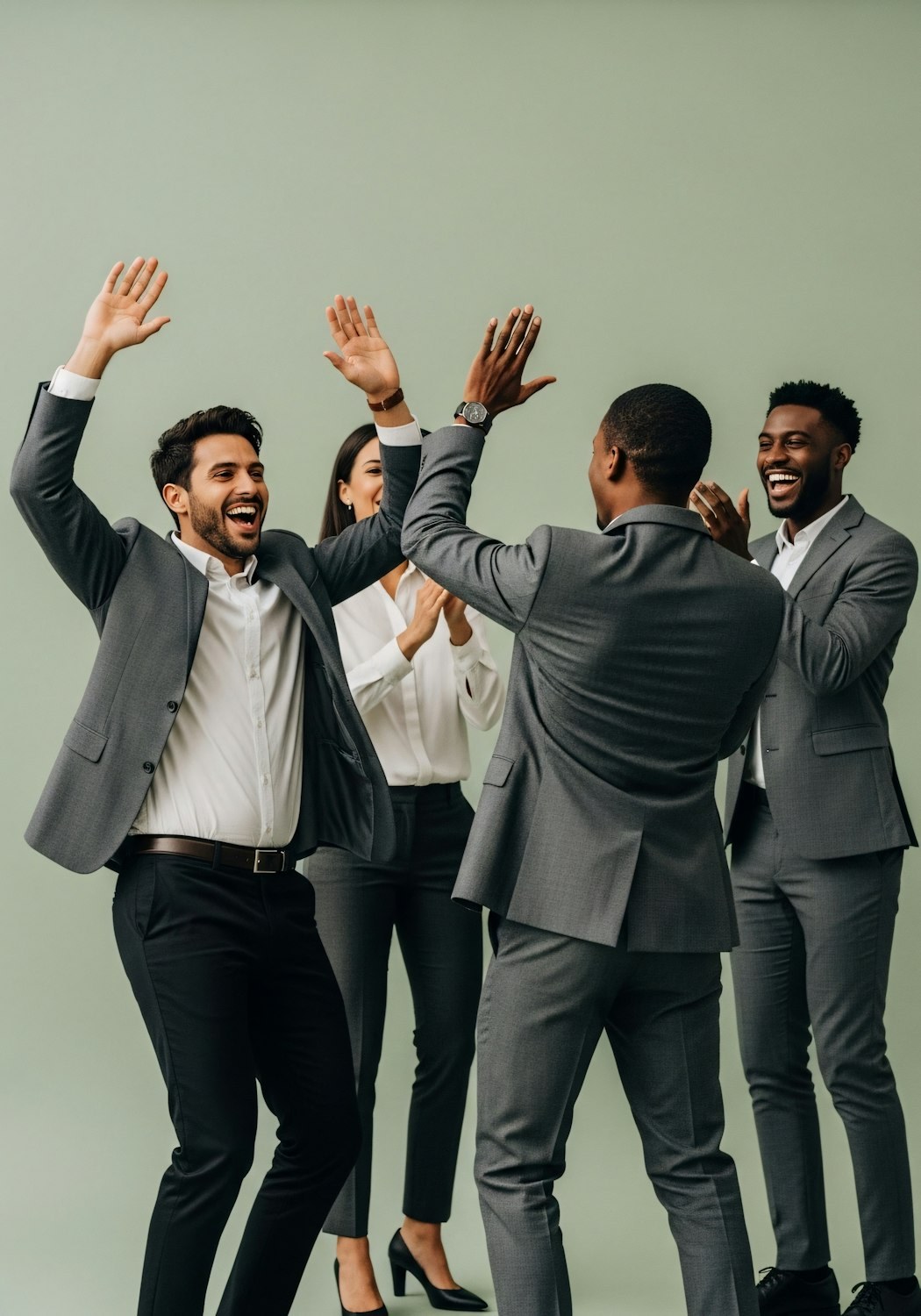 A team of professionals celebrating significant business success, illustrating the positive outcomes described in the case studies.