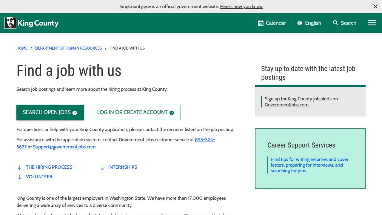Screenshot of the official King County Human Resources 'Find a job with us' page, the primary entry point for job seekers.