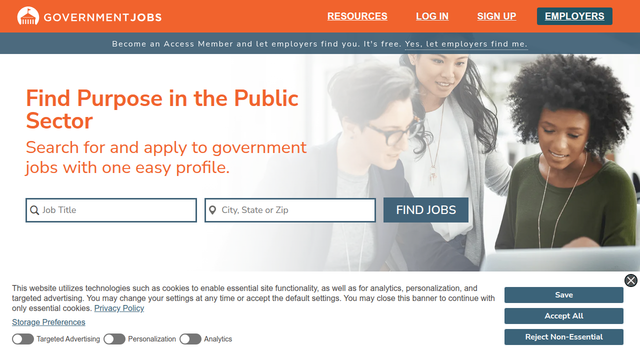 Screenshot of the GovernmentJobs.com homepage, the specialized platform King County uses to list job openings and manage applications.
