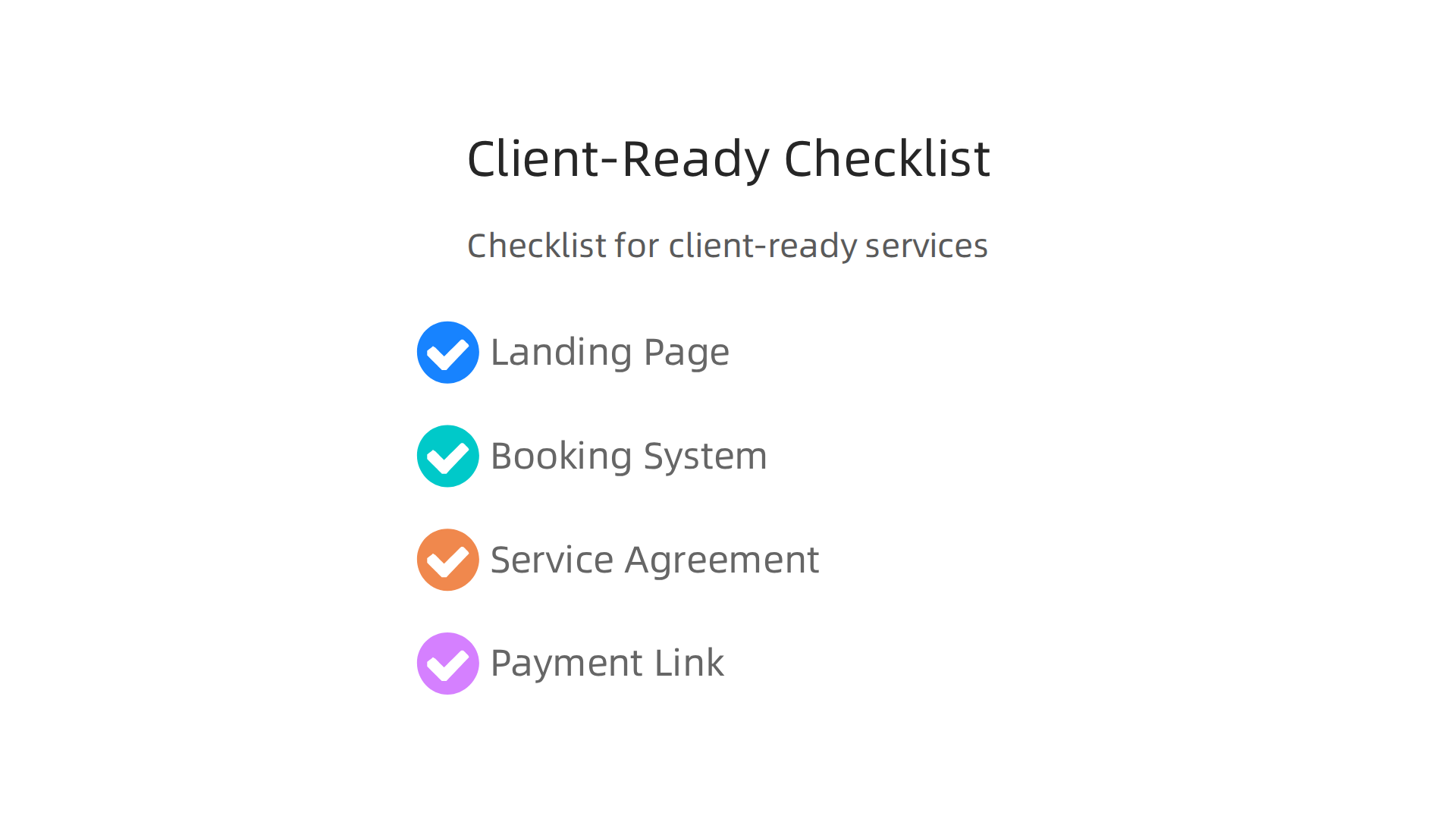 A checklist infographic detailing essential steps for building a client-ready business foundation with free tools: landing page, booking system, basic agreement, and payment link.