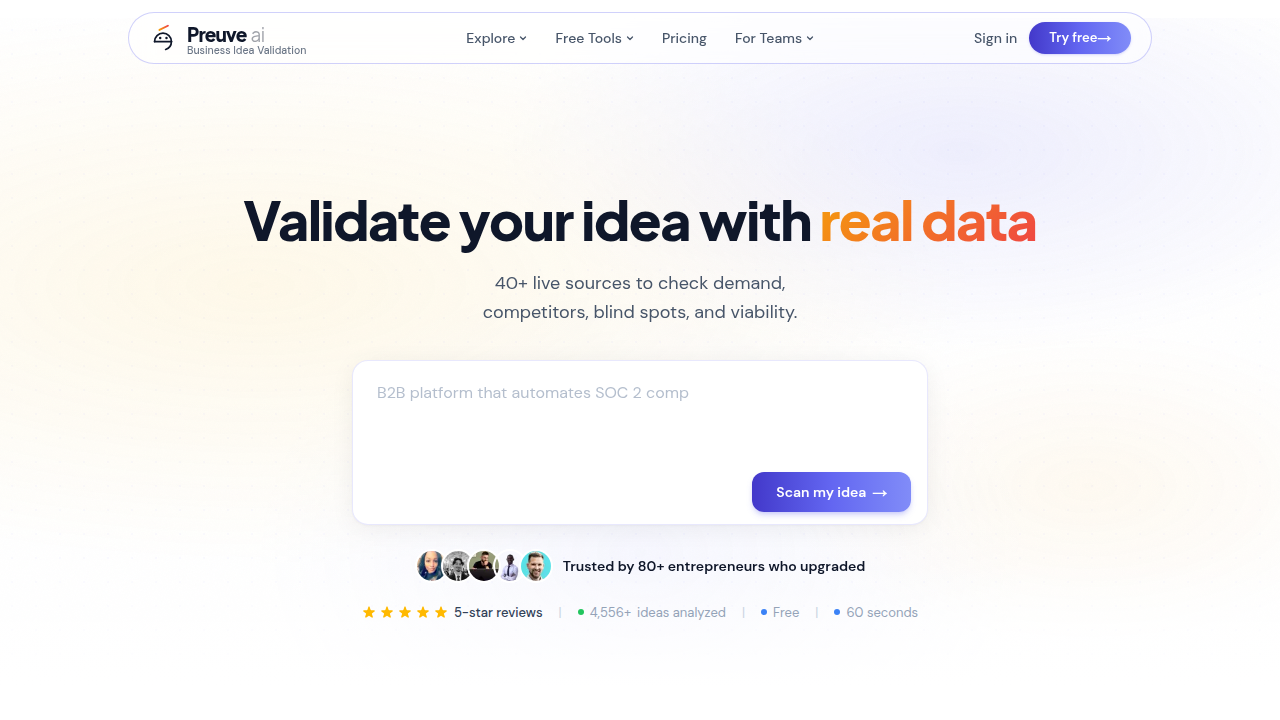 A screenshot of the Preuve.ai homepage, a platform offering tools for market validation and idea proofing.