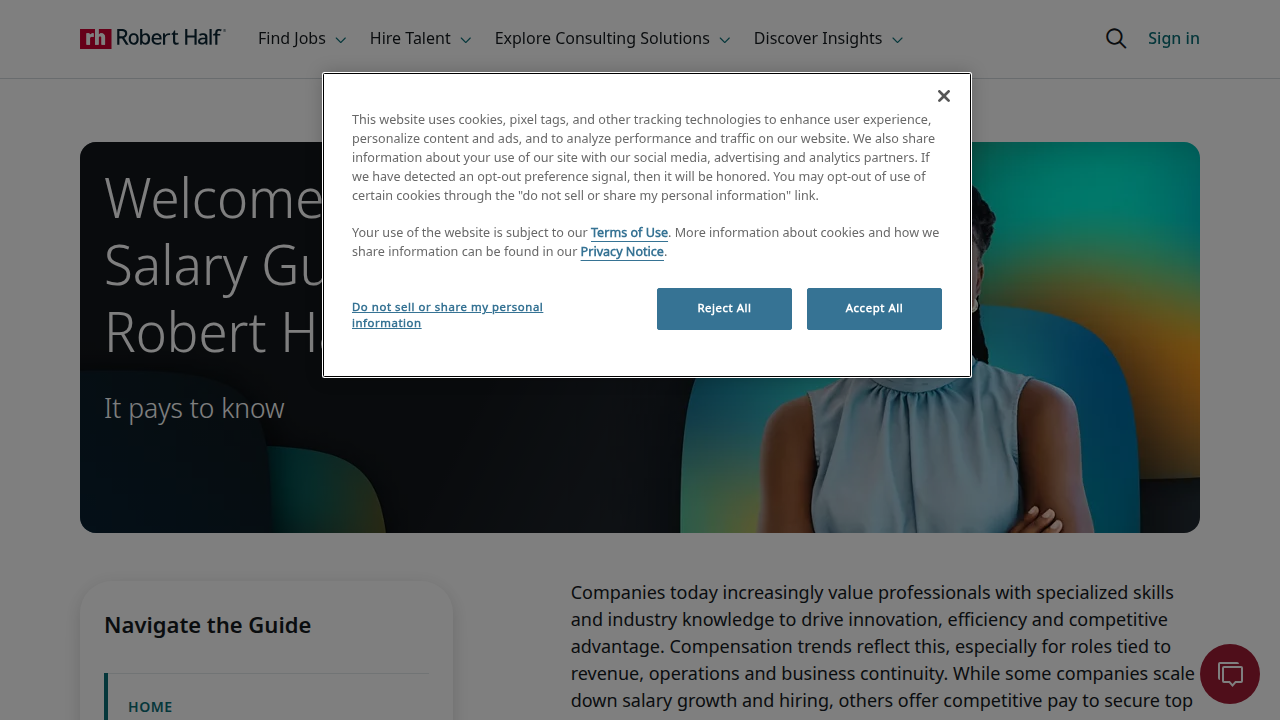 Screenshot of the Robert Half Salary Guide, highlighting projected salary increases for business administration and management roles.