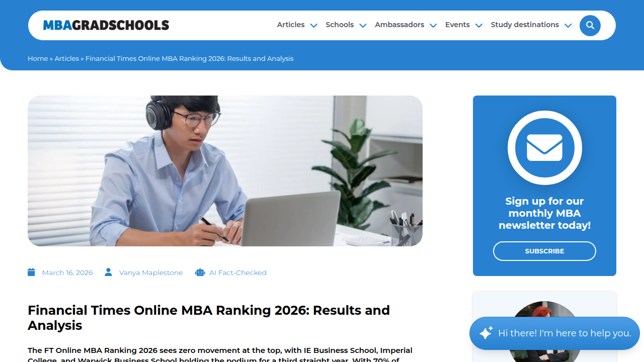 Screenshot of the Financial Times 2026 Online MBA ranking, demonstrating career outcomes like increased seniority for alumni.