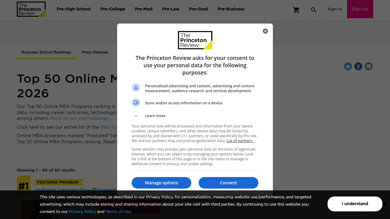 Screenshot of The Princeton Review's ranking of top online MBA programs, showcasing options with flexible, asynchronous classes.
