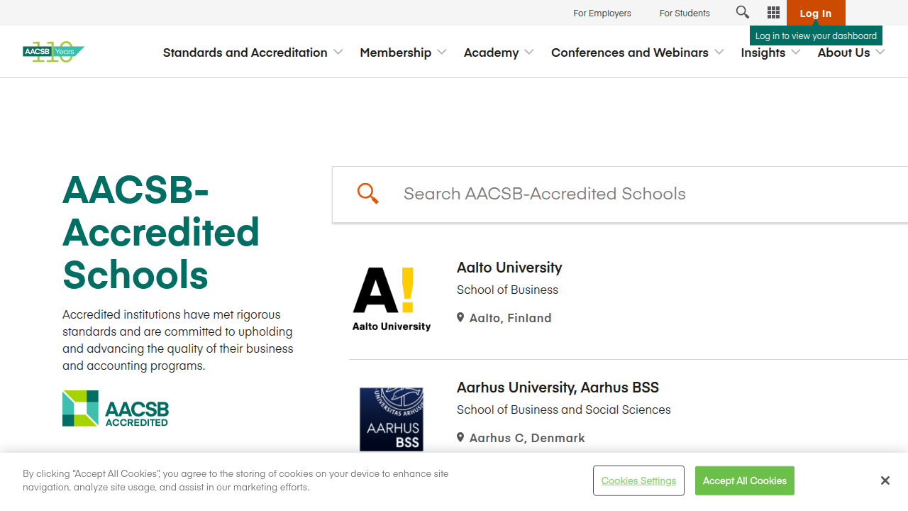 Screenshot of the official AACSB website, showing a search interface for accredited business schools.