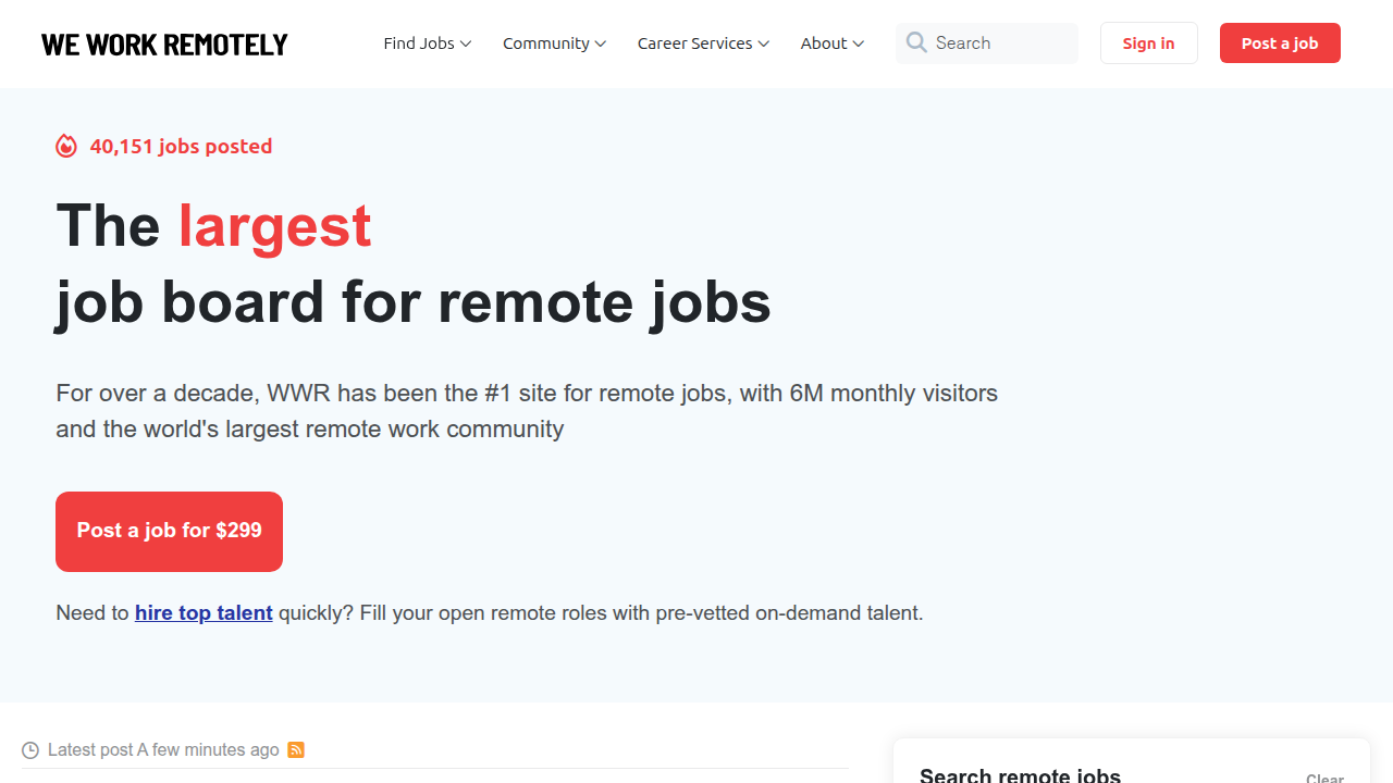 Screenshot of We Work Remotely, a specialized job board for remote sales and marketing positions, aiding in finding seasonal roles.