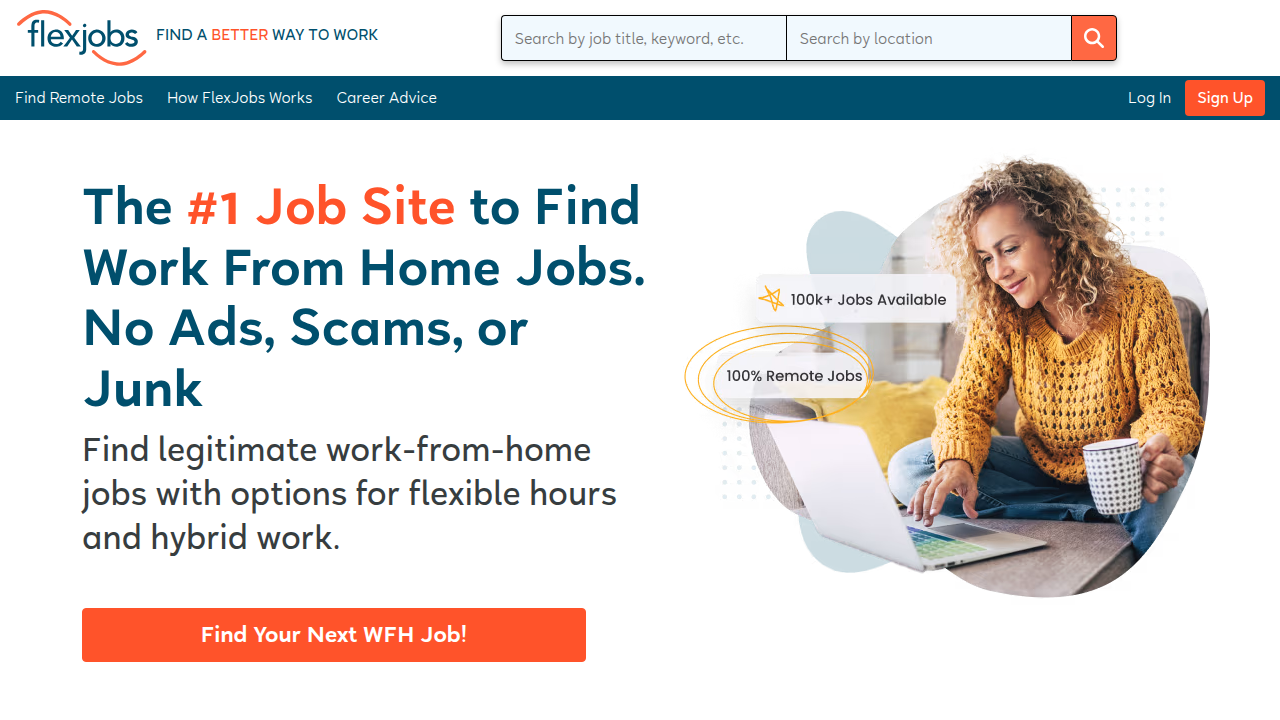 Screenshot of FlexJobs, a platform known for vetting every posting to ensure legitimate remote and seasonal sales opportunities.