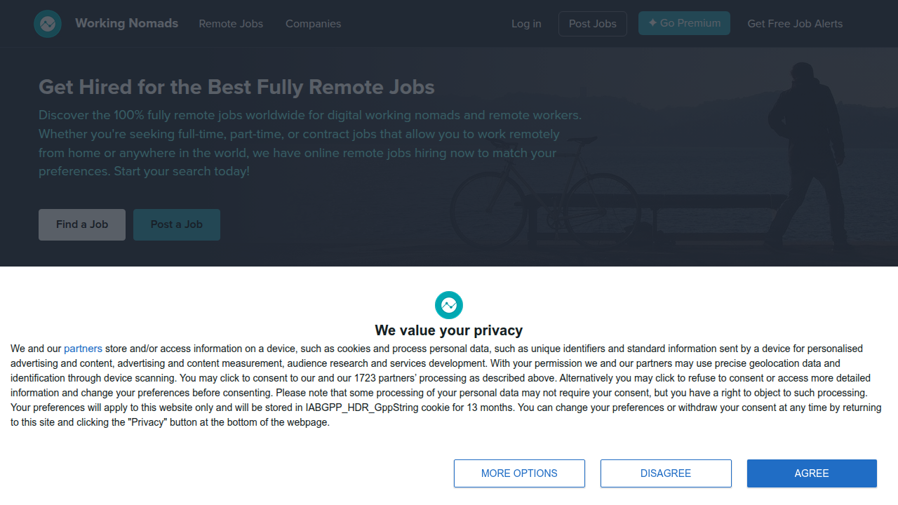 Screenshot of Working Nomads, a platform for remote sales jobs, offering various short-term projects and seasonal contracts.